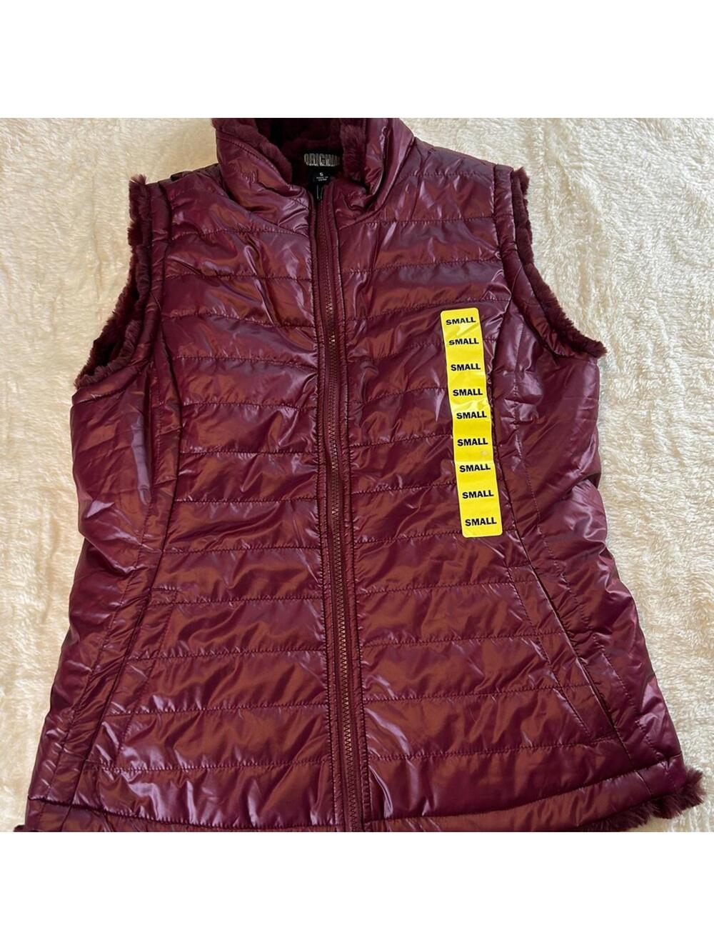 Nicole Miller Burgundy Puffer Vest Faux Fur Lined High Collar Zip Front